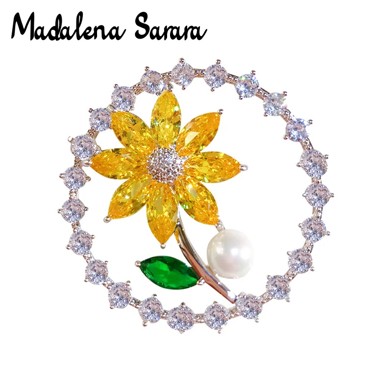 MADALENA SARARA AAAA Zircon And Crystal Inlaid Pearl Brooch Gol Plated Copper SunFlower Style Fine Brooch Pin For Women Jewelry