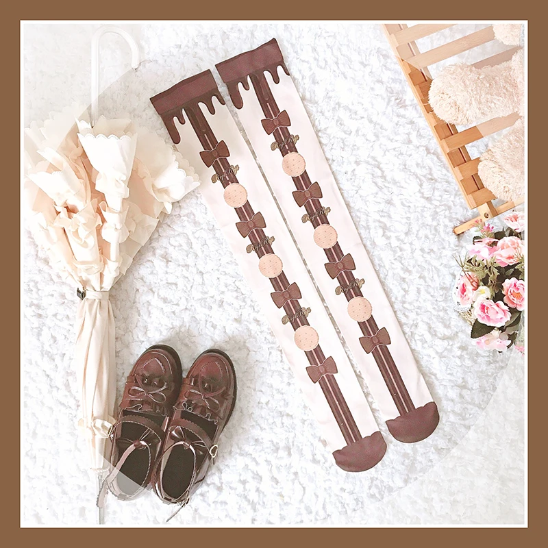 biscuit Lolita socks female summer tube velvet ultra-thin printed calf socks over the knee Lolita Japanese socks