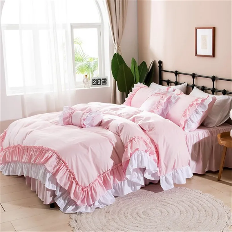 Korean princess two layers ruffles solid color pink skirt-style bedding set pure cotton ropa de cama couvre lit duvet cover set