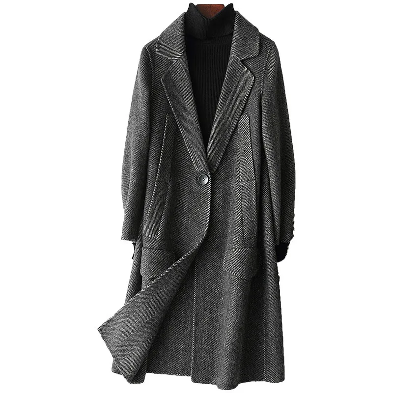 

2020 New Spring Autumn Real Wool Coat Women Vintage Casual Print Ladies Long Jacket Coats Elegant Casaco Feminino 38048