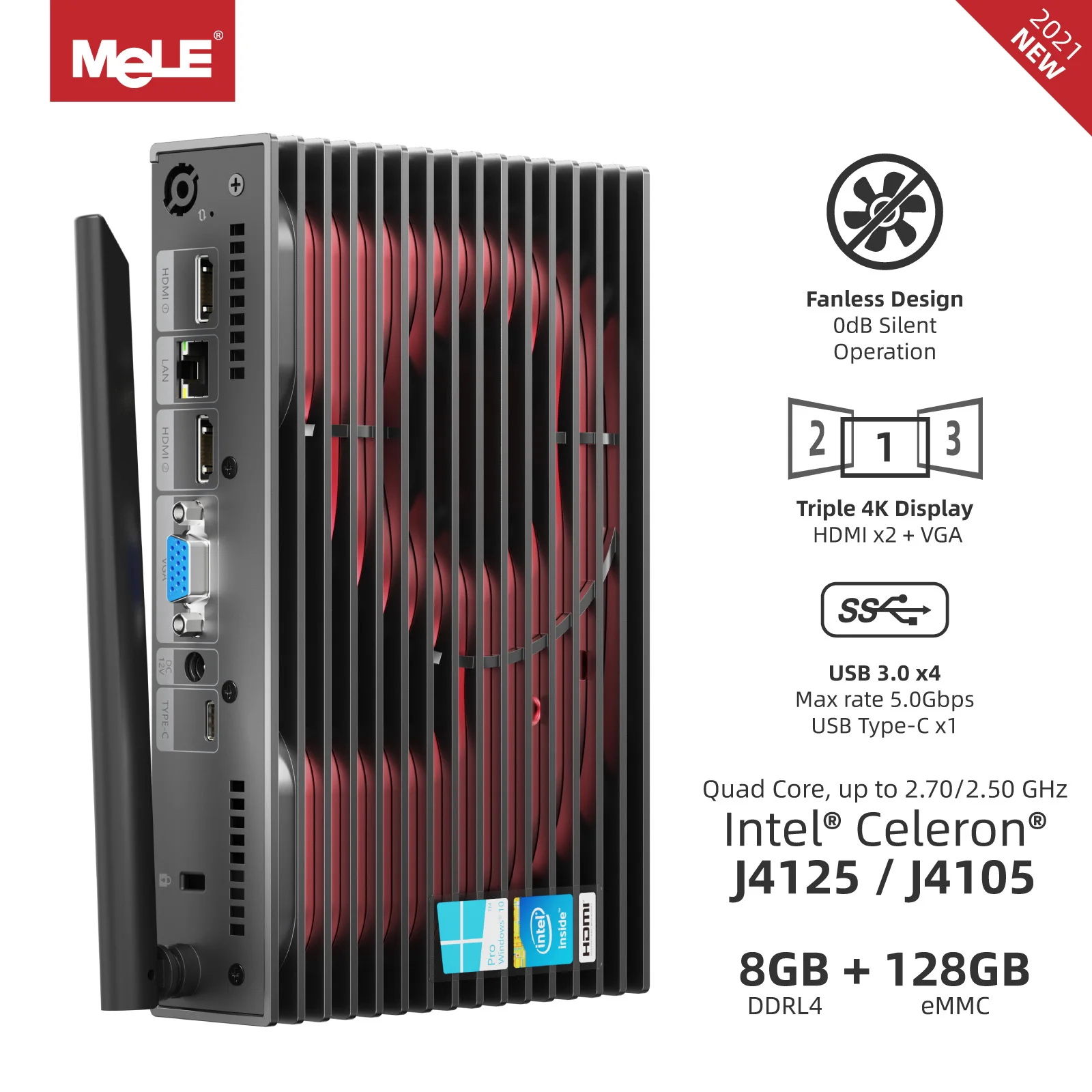 MeLE Triple 4K Display Mini PC Intel Celeron J4125 Quad Core 8GB DDR4 128GB eMMC 2xHDMI 1xVGA 4xUSB 3.0 Small Gaming Computador