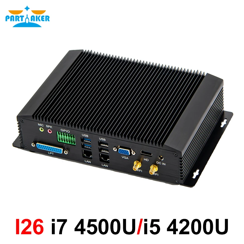 Deelgenoot Industriële PC Fanless Mini Computer Intel i5 4200U i7 4500U 6 * RS232/485 2 * Intel Lans GPIO LPT HDMI VGA 8 * USB WiFi 3G/4G