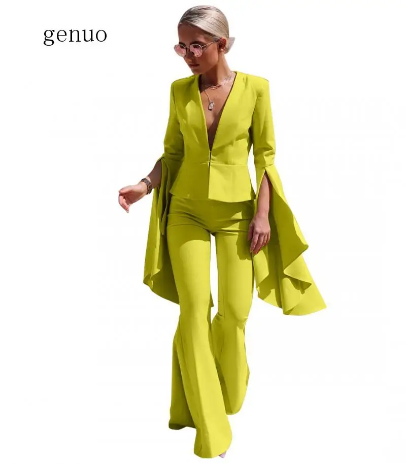 Genuo New  Office Blazer Set Yellow Solid Blazer Suit Women Fall Pant Suit Long Sleeve Solid Slim Elegant Suits