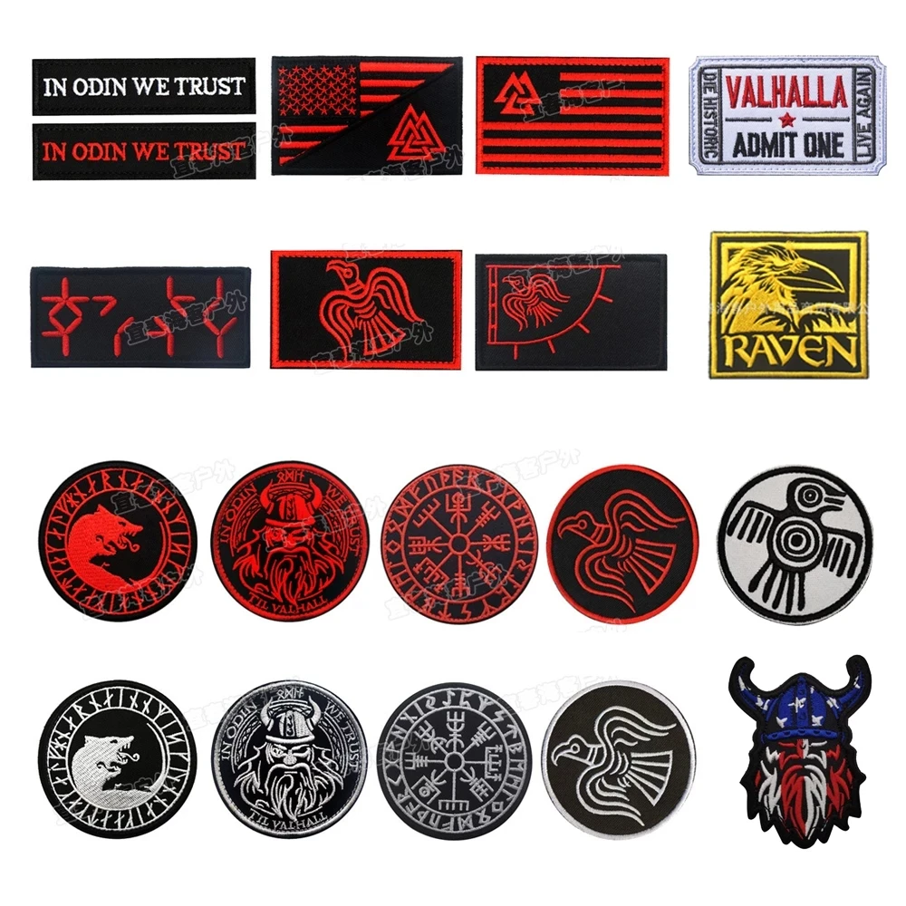 Valknut Valhalla Tactical Vikings Patches Raven Odin Symbol Blackbird Sun Emblem Military Infrared Badge Appliques