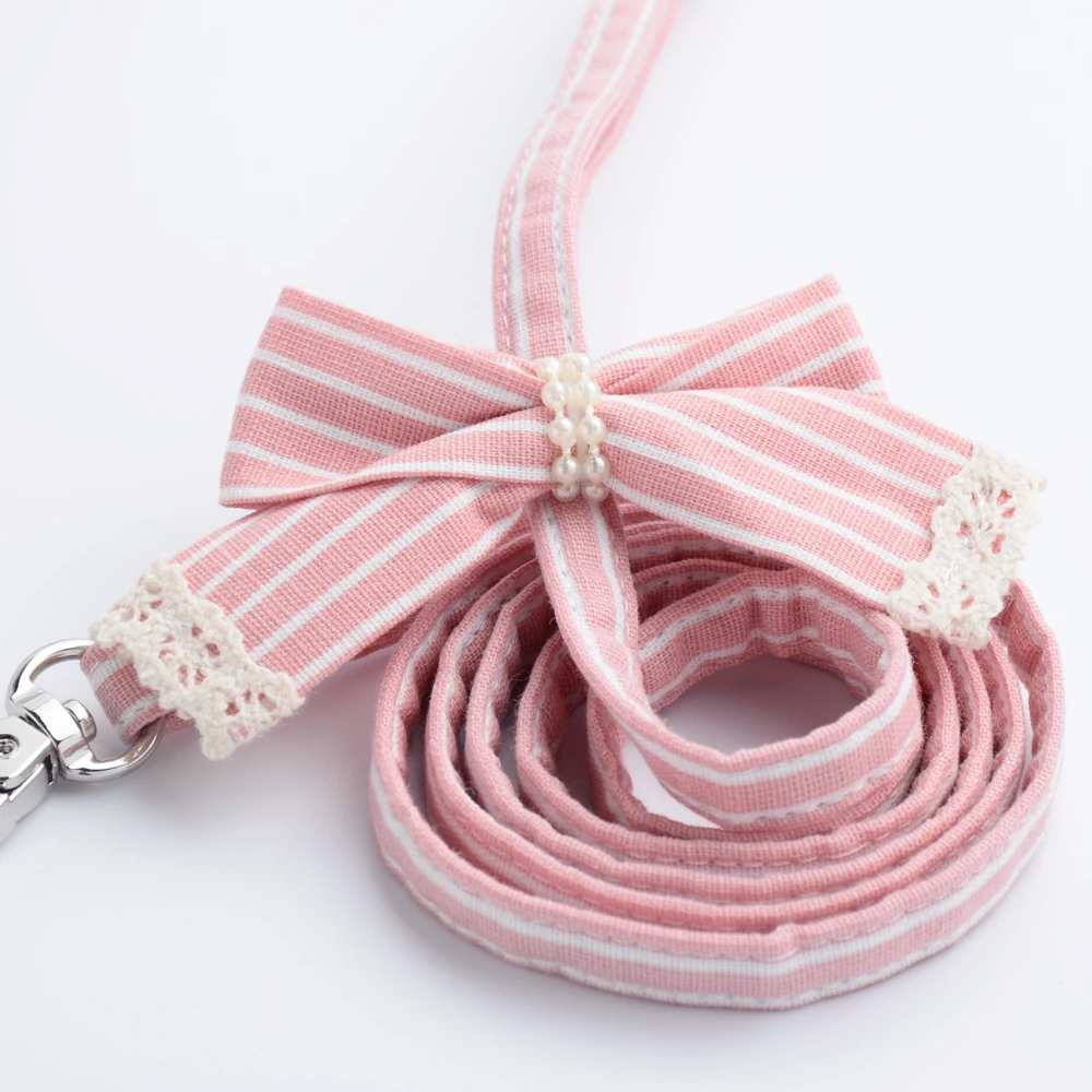 Pink Stripe Dog Collars And Harnesses Cotton Bows Girl Boy Pet Leash Set Outdoor Walking For Pitbull Chihuahua S M Accessories