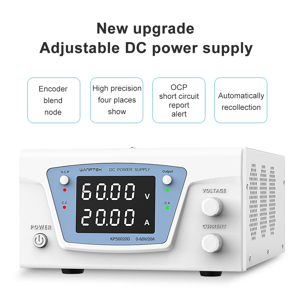 Imagem -02 - Wanptek Ajustável dc Fonte de Alimentação 60v 20a Metal Anodização Banco Laboratório Fonte Estabilizada Interruptor Alimentação 30v10a 500w 1000w Diy