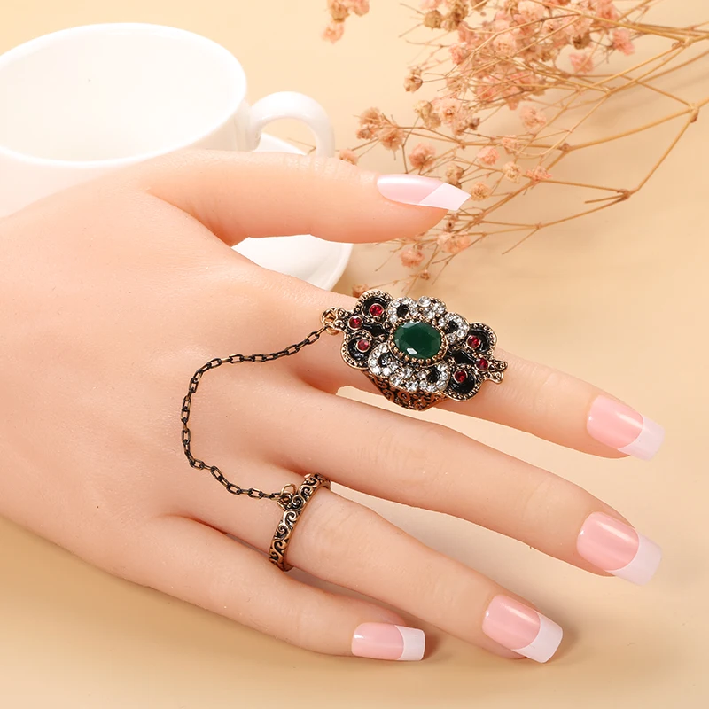 Wbmqda Luxury Boho Big Ring Sets for Women Antique Gold Color Green Stone Crystal Ring Ethnic Bridal Wedding Jewelry Wholesale