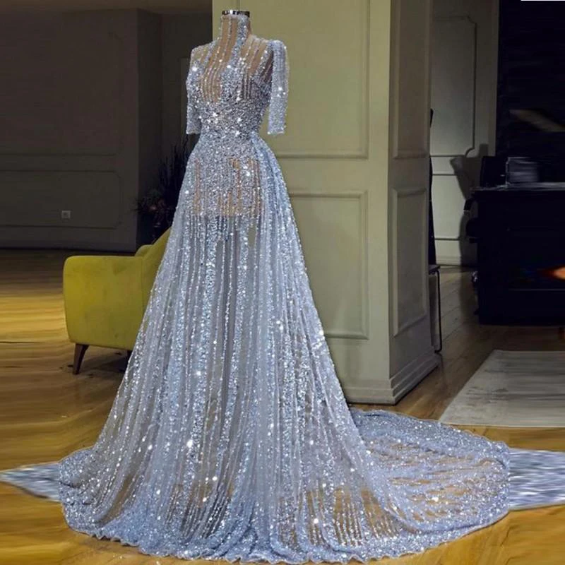 Sky Blue Bling Bling Prom Dresses Sexy See Through High Neck Half Long Sleeves Sequined Evening Gowns Sweep Train Robe De Soiree