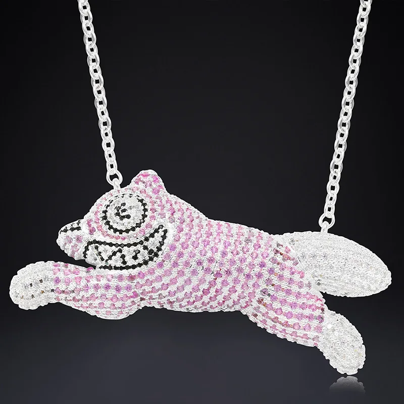 Men's Hip Hop Iced Out CZ Pink Fox Pendant Necklace Silver Color Necklace Charms Zircon Jewelry