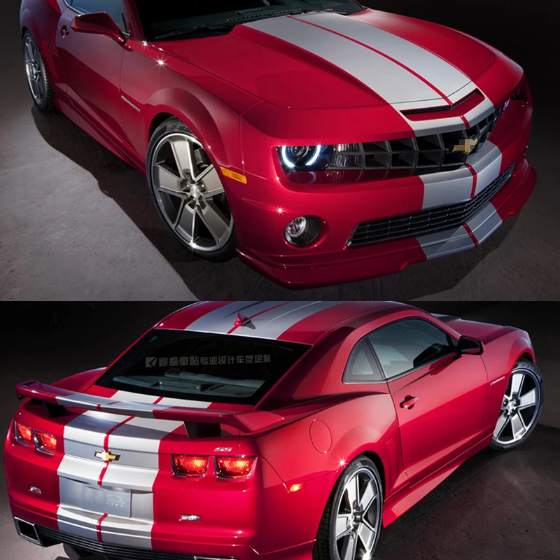 Racing Matt & Gloss Metallic Silver Engine Hood Roof Tail Stripes Decal Vinyl Graphics for 2010-2015 Chevrolet Camaro