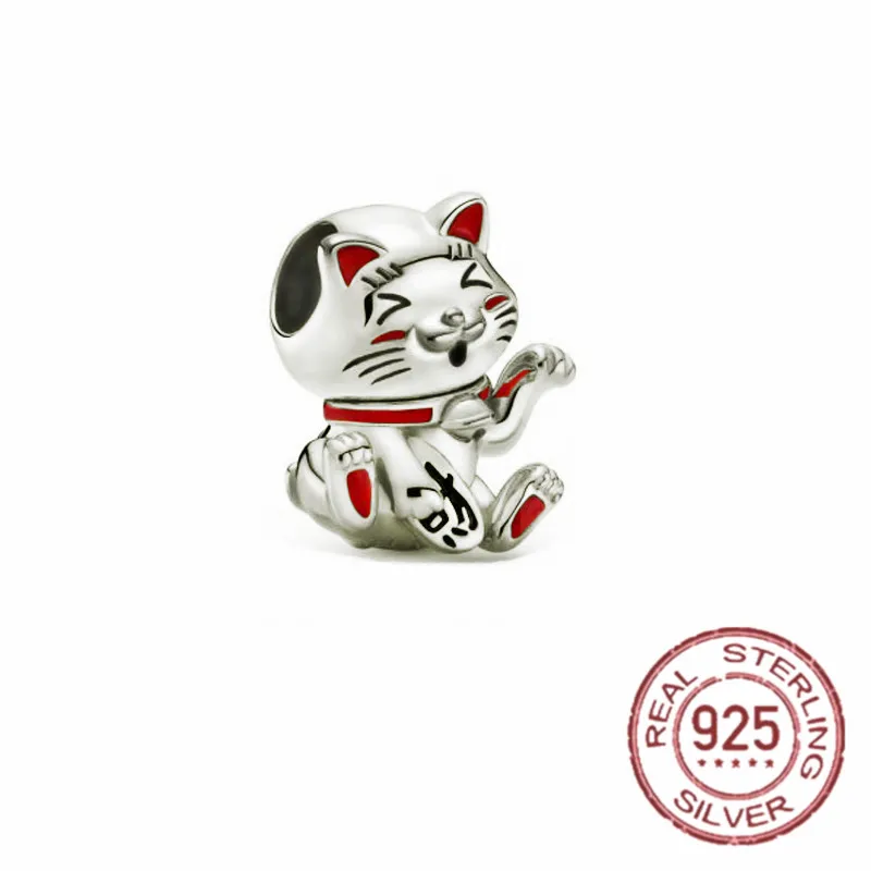 100% Real 925 Sterling Silver Chinese Lucky cat Gift Charms Fit Original pandora Bracelets Silver DIY Jewelry Women