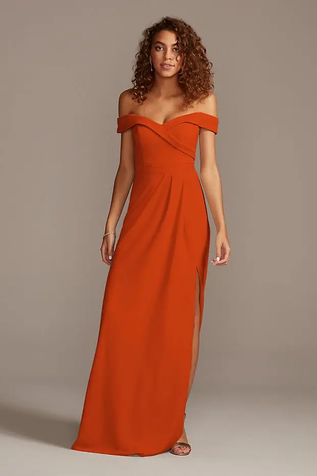 tailor shop custom made Off-the-Shoulder Crepe Bridesmaid Dress orange navy ivory color bridesmaid dress