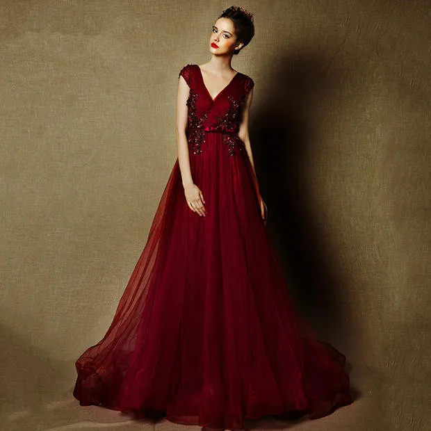 Abito da sera formale con scollo a v in tulle rosso intenso con scollo a v abito da sera lungo 2016 sexy backless cap sleeve robe de soiree vestidos