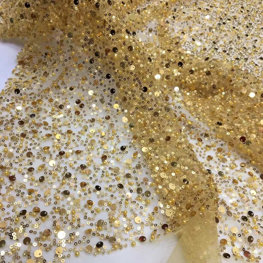 

(5yards/pc) High quality gold African French net lace fabric beaded sequins embroidered tulle lace for party dress FSS314