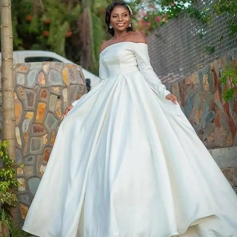 Custom African A-Line  Wedding Dresses Off Shoulder Bateau Neck  Satin Backless Arabic Country Sweep Train  Bridal Gowns