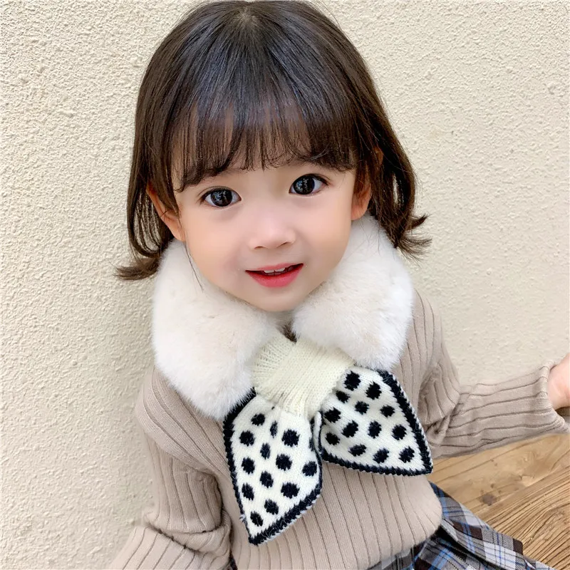 Winter Children's Warm Plush Splicing Wave Point Knitted Cross Scarf Boys Girls Versatile Neck Protection Cold Proof Bib  P07