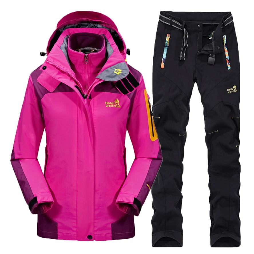 3-in-1 Set Women Hiking jacket Pants Suit Thermal Waterproof Windproof Fishing Coat Autumn Winter Outdoor Climbing Ski Suit