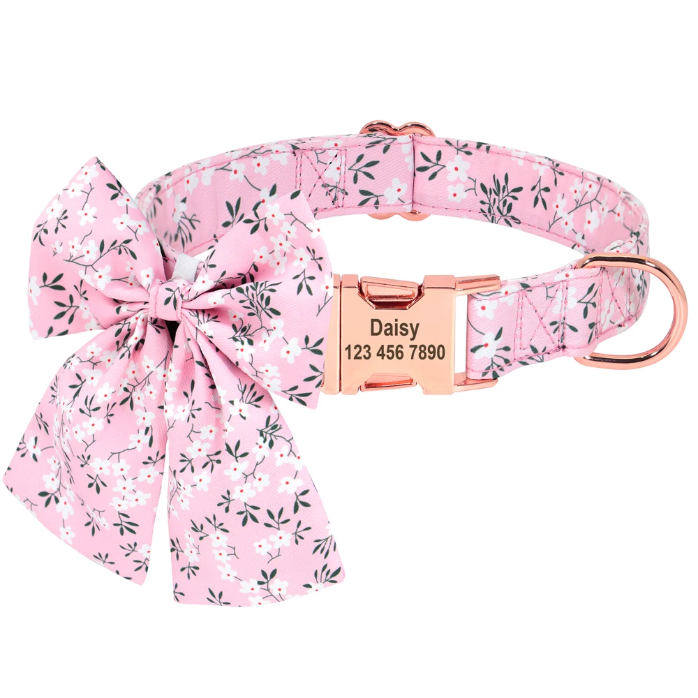 Personalized Puppy Dog Cat Collar Custom Printed Bowknot Pet Accessories Collar Pug Chihuahua Engraved Nameplate Bow Tie Collars