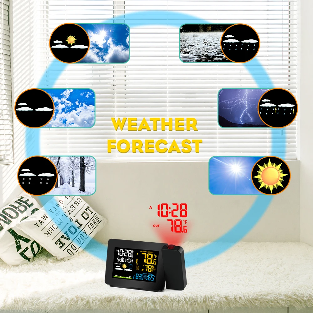 Projection Alarm Clock Weather Station Snooze Function Colorful Backlight  Desk Table Led With Temperature Humidity Sensor