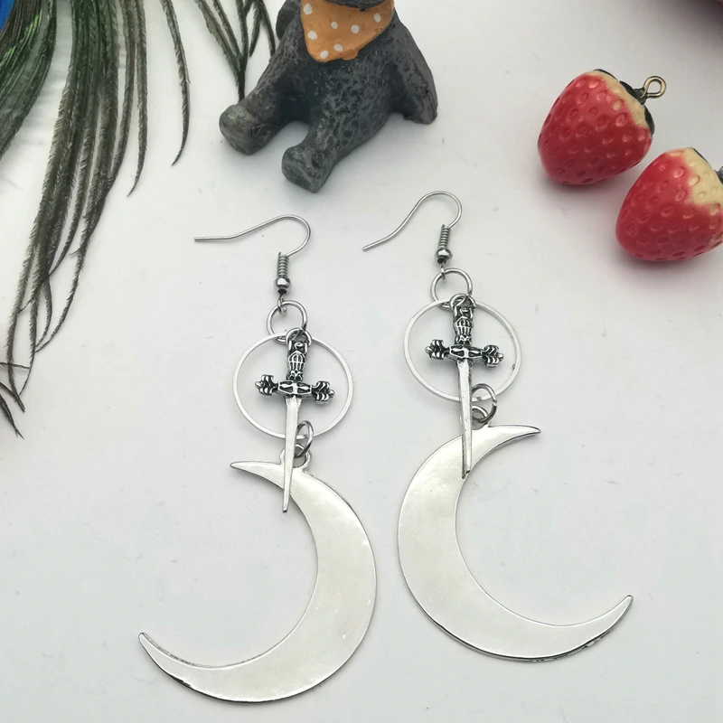 Crystal Moon Sword Earrings Witch Gothic Witch Gothic Bohemian Celtic Pagan Viken Moon Phase Witch Goddess Fashion Woman Gift