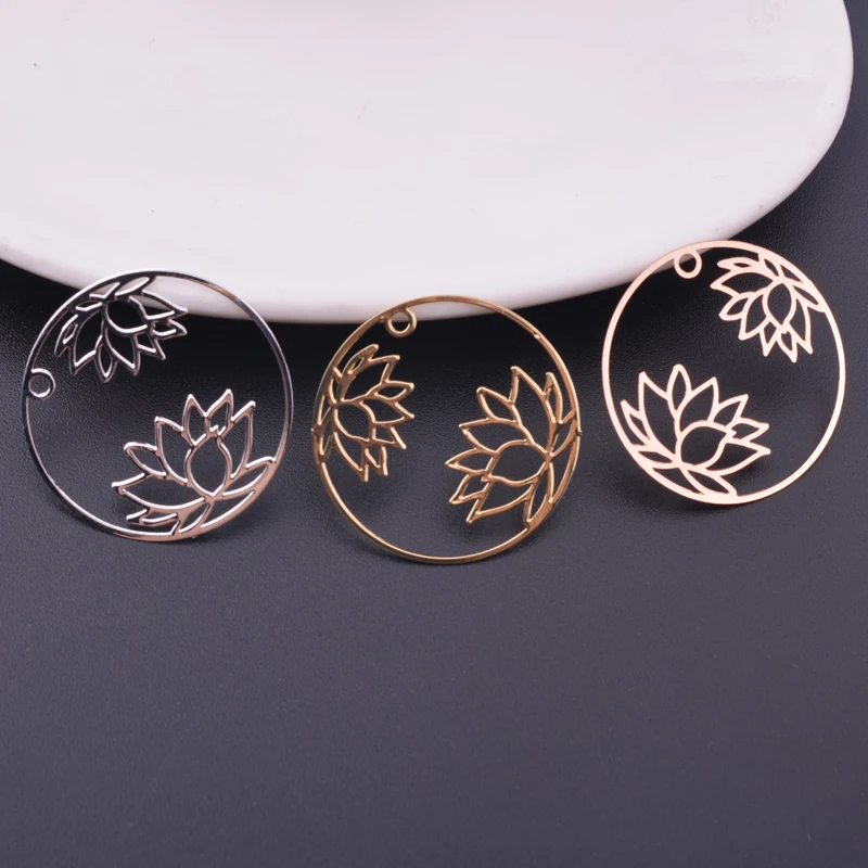 6pcs 27mm Rose gold color Round Lotus Charms Thin Pendant Silver Plated Earring Findings