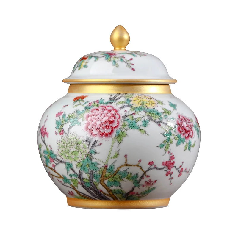 

Jingdezhen ceramic tea pot tea jar small enamel painted golden antique tea storage tank with lid
