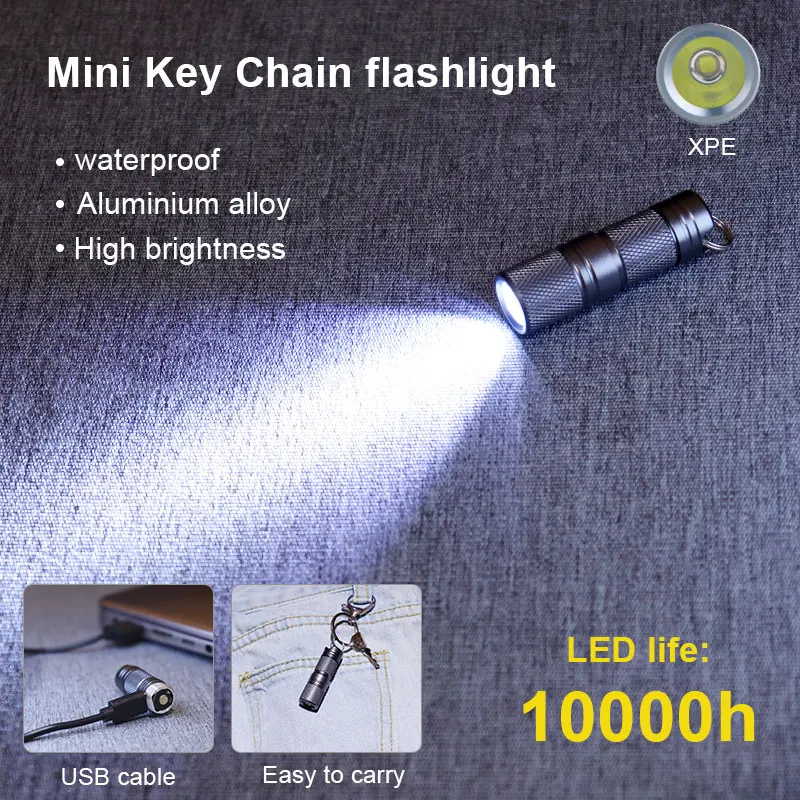 Mini Pocket XPE LED Flashlight USB Rechargeable Waterproof White Light Keychain Torch Small Lanterna with 10180 Battery With Box