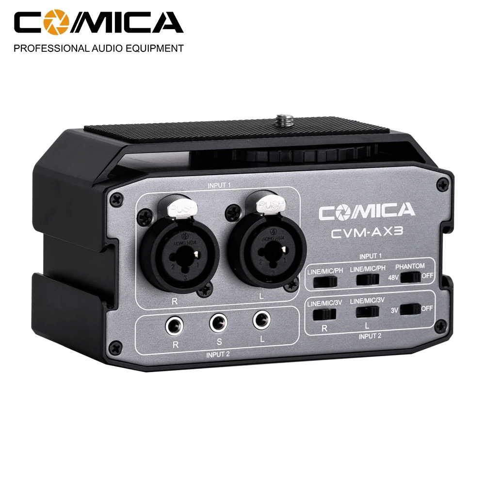 

CoMica CVM-AX3 XLR Audio Mixer Adapter Preamplifier Dual XLR/6.35mm/3.5mm Mics Audio Mixer for DSLR Camera Camcorder