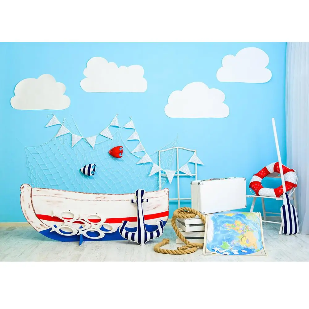 Boat Sky Wood Board Floor Background For Baby Shower Children Birthday Party Portrait Photography Backdrop Photo Studio Props