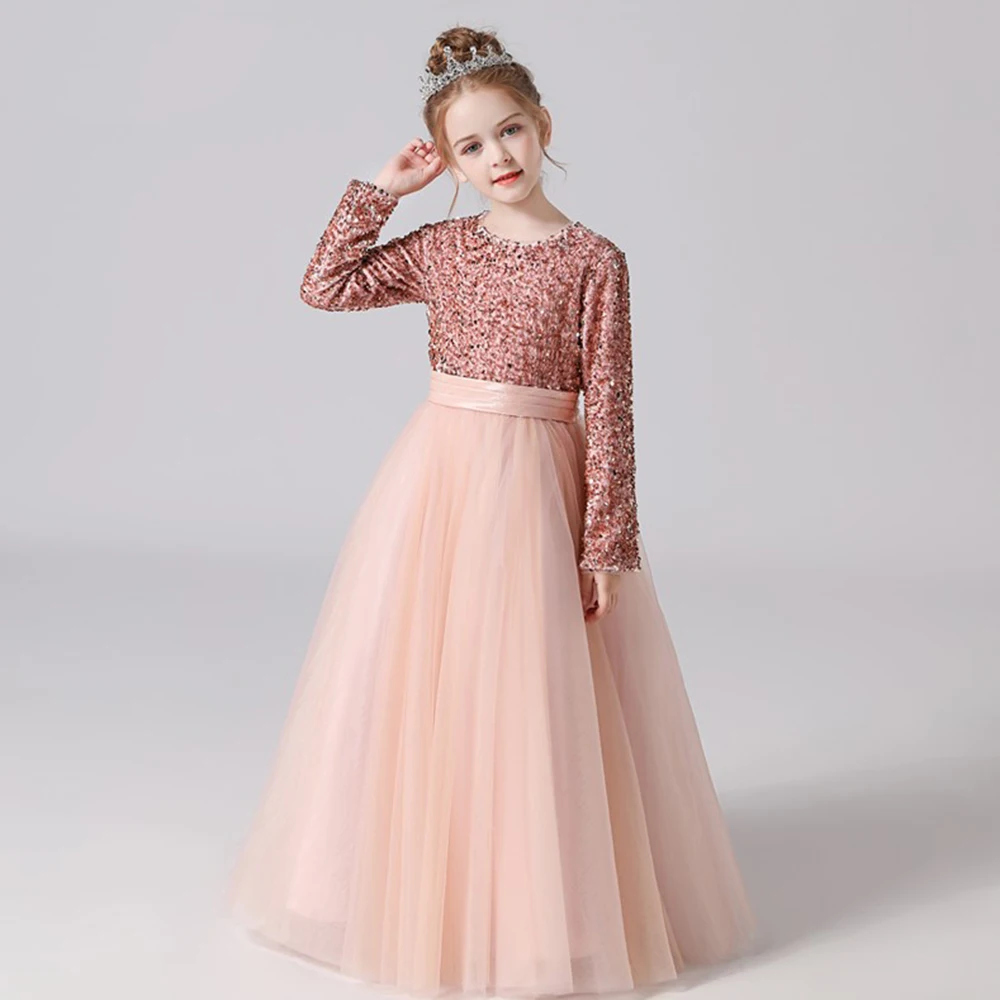 Dideyttawl Real Photos Flower Girl Dresses Wedding Junior Bridesmaid Sequin Tulle Evening Party Dress For Girls Pageant Gown