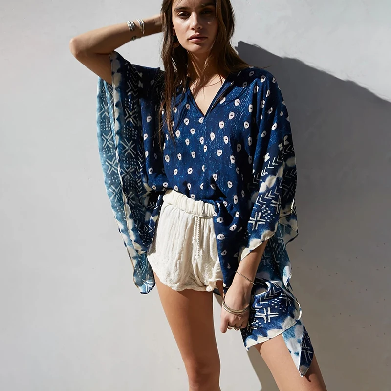 Indigo Print Women Blouse Oversized Short Tunic Effortless Batik Tie Dye-Like Dot Pattern Kaftan Beach CoverUps Shapeless Shirts