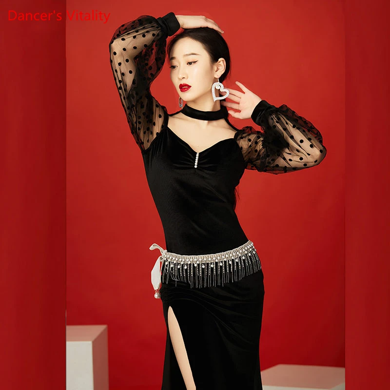 Belly Dance Clothes for Women Belly Dance Dresses Velvet Bubble Sleeve Practice Set Bellydancing One-piece Outfit Oriental Skirt