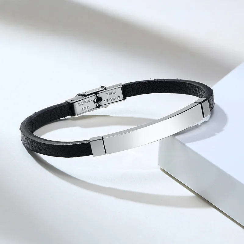 Simple Engraving ID Men Bracelet For Classic Male Leather Stainless Steel Bracelet Unique Unisex Custom Gift