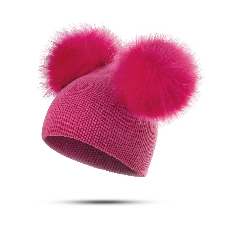 Gorro con pompón doble para niño y niña, gorro cálido de punto de algodón, Unisex, para invierno