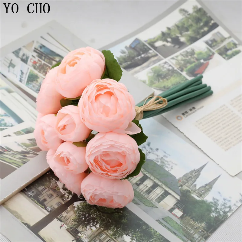 YO CHO – fausses fleurs artificielles en soie, 10 têtes, Bouquet de fleurs de Lotus pour demoiselle d'honneur, Arrangement de fleurs fait à la main pour la maison