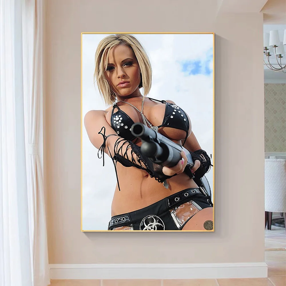 SP111 Silk Cloth Wall Poster Hot Girl Blonde Arms Gun Weapon Art Home Decoration Gift