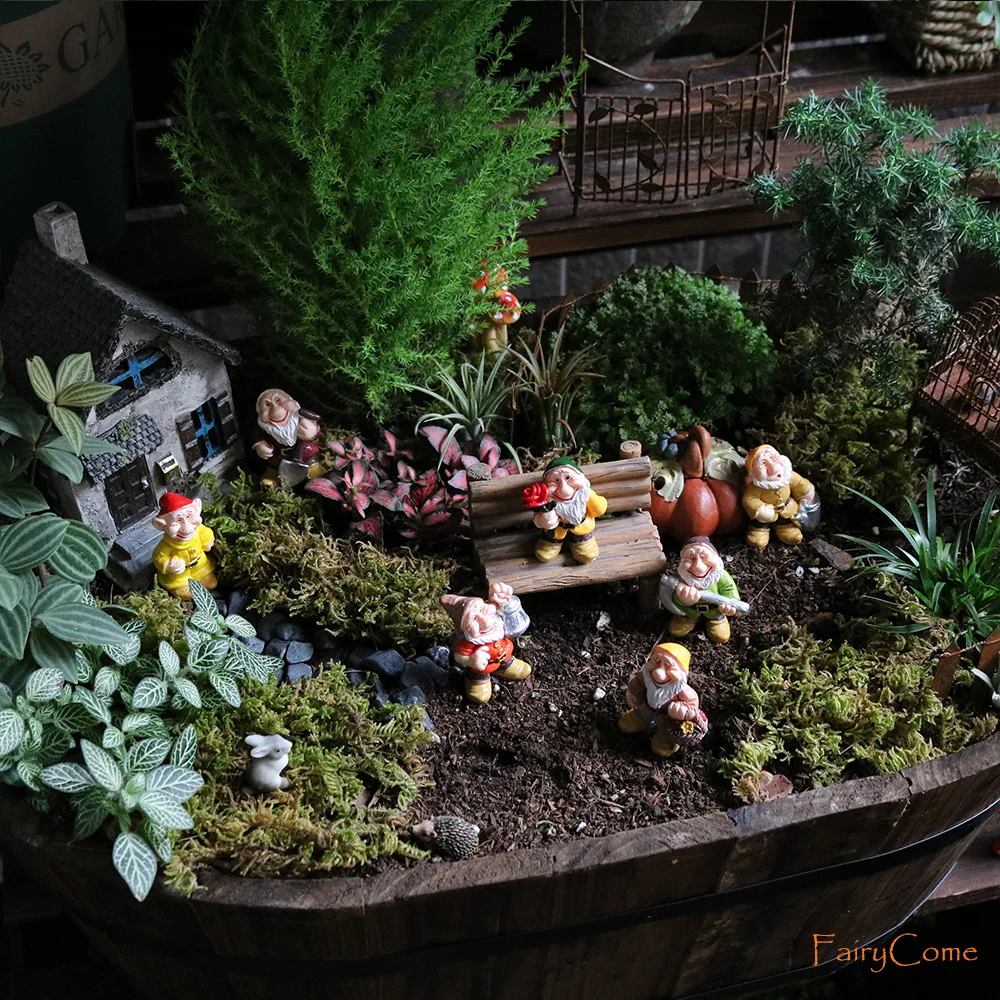 Set of 7 Miniature Fairy Garden Gnomes Dwarf Figurines Mini Resin