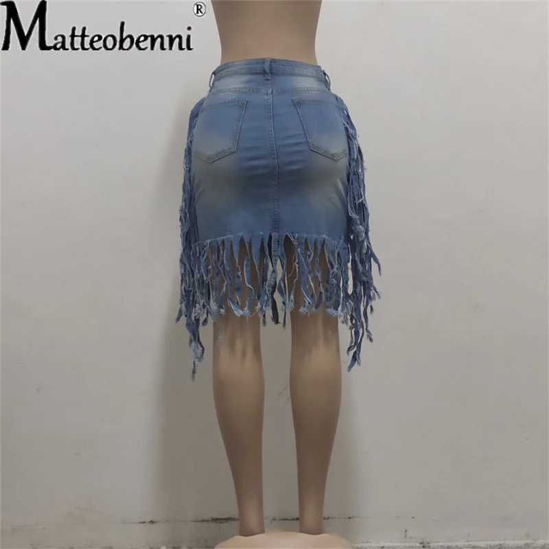 Women High Waist Sexy Jeans Skirts Top Quality Cotton Irregular Hole Ripped Tassel Denim Skirts Ladies Casual Street Short Skirt