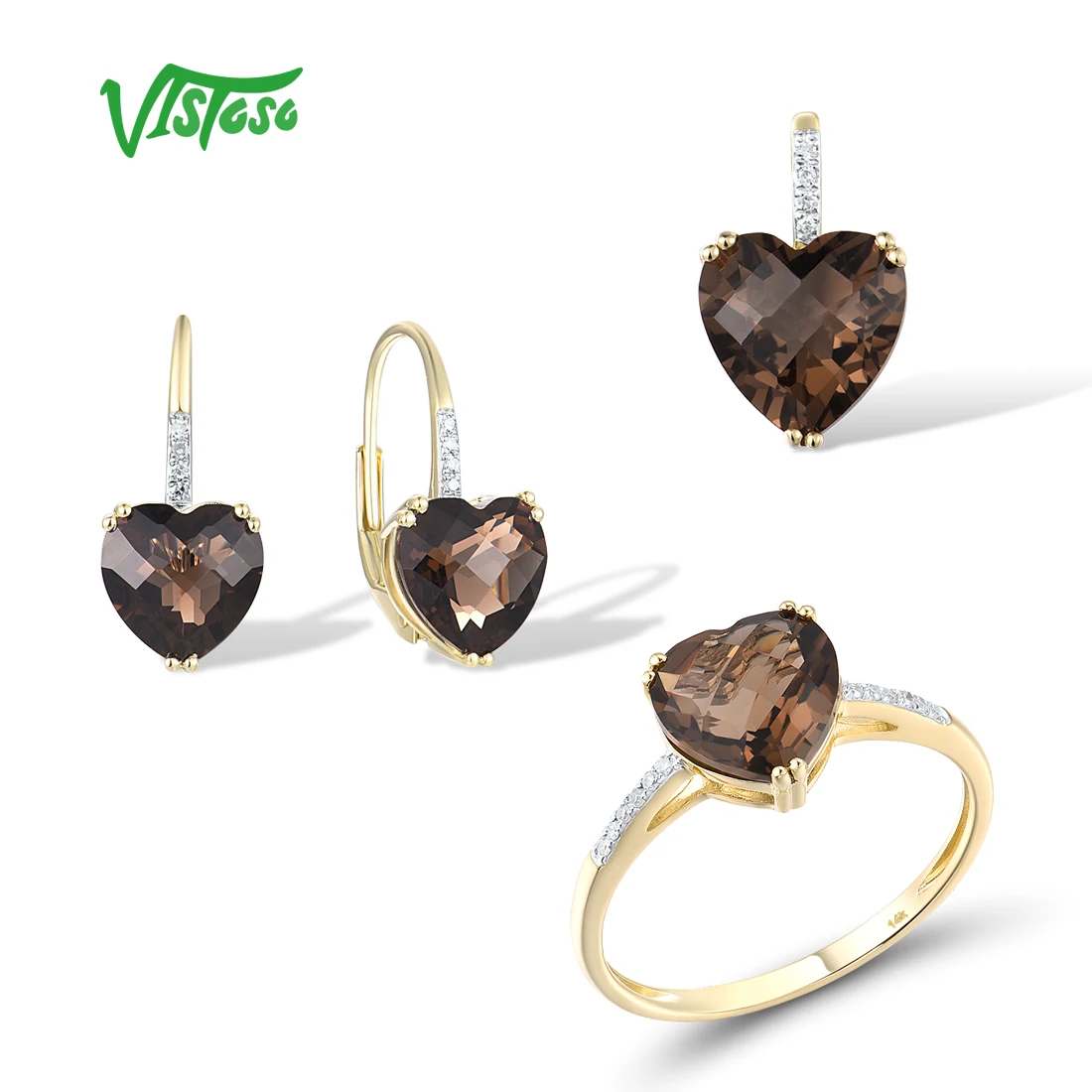 VISTOSO Pure 14K 585 Yellow Gold Jewelry Set For Women Shiny Heart Smoky Quartz Diamond Earrings Ring Pendant Set Fine Jewelry