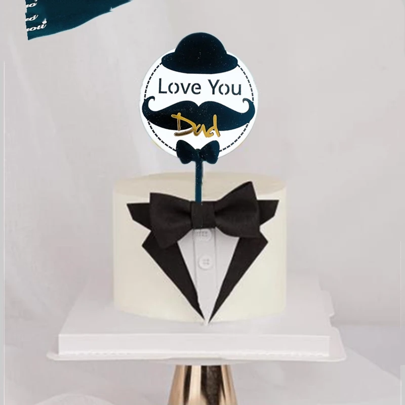 New Love you DAD Happy Birthday Cake Toppers Bow Tie Hat Acrylic Cake Topper For Father's Day Party Cake Flag Dessert Decoration