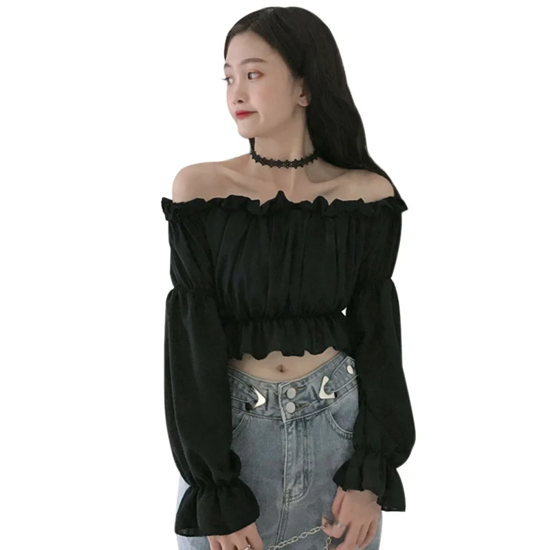 Jesienne damskie bufiaste rękawy bluzki jednokolorowe z długim rękawem Off Shoulder High Waist Shirt