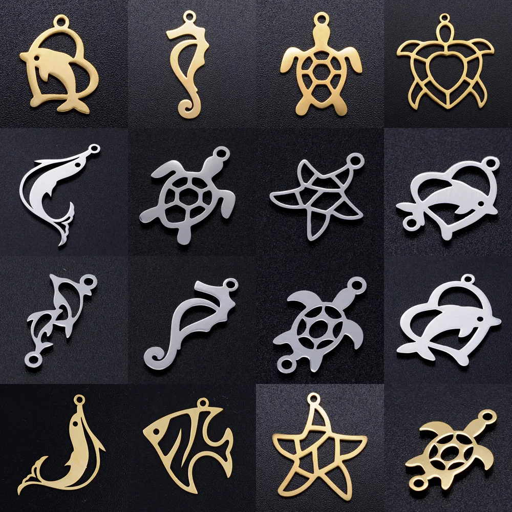 10pcs/lot diy beach sea dolphin turtle stainless steel charm pendant wholesale starfish fish jewelry bracelet connector charms