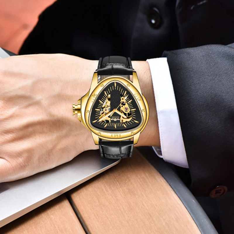 Drop Shipping Winner Fashion Triangle Golden Skeleton Movement Racing Sports Design Men Automatic Mechanical Wrist Watches