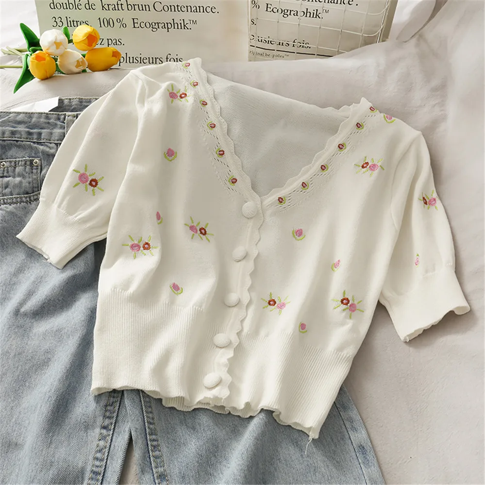 Korean Fashion Knit Crop Cardigan White Color Floral Embroidery Cardigan Shirts V Neck Button Front Top Puff Sleeve Vintage Tops