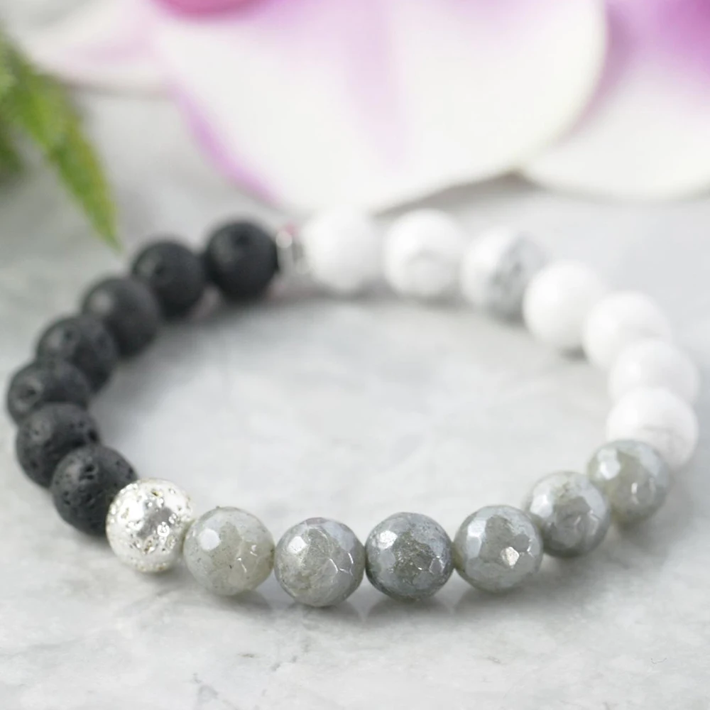 Ruberthen Labradorite Howlite Bracelet Anxiety Relief Bracelet Healing Crystals Lava Jewelry Yinyang Negative Energy Protection