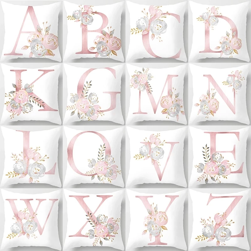 Funda de cojín con 26 letras del alfabeto inglés, funda de almohada decorativa, Textiles para el hogar, color rosa y blanco