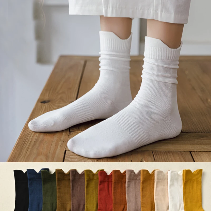 1Pairs Japanese Korea High School Girls High Socks Loose Solid Colors Double Needles Knitting Cotton Fashion Long Socks Women