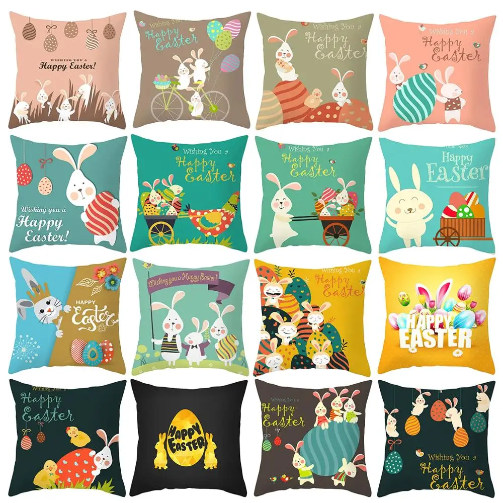 45x45cm Cushion Cover Happy Easter Decorations For Home 2024 Bunny Easter Eggs Polyester Pillowcase Rabbit Decor For Easter Gift