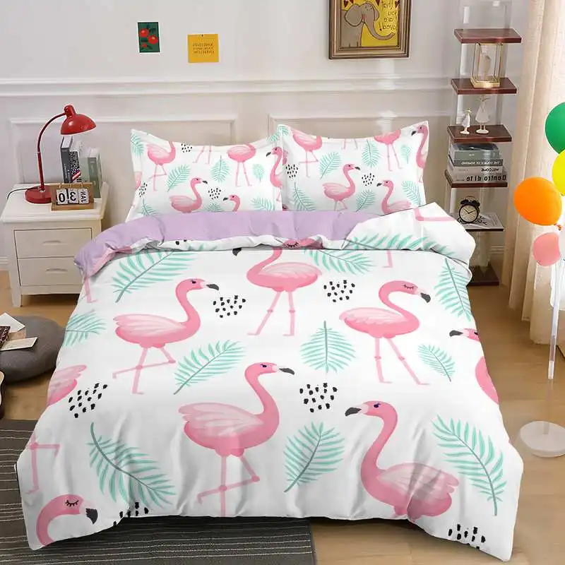 Printed 3d Pink Flamingo Bedding Sets 2/3Pcs Duvet Cover Set Single/Twin/Full/Double/Queen/King Size