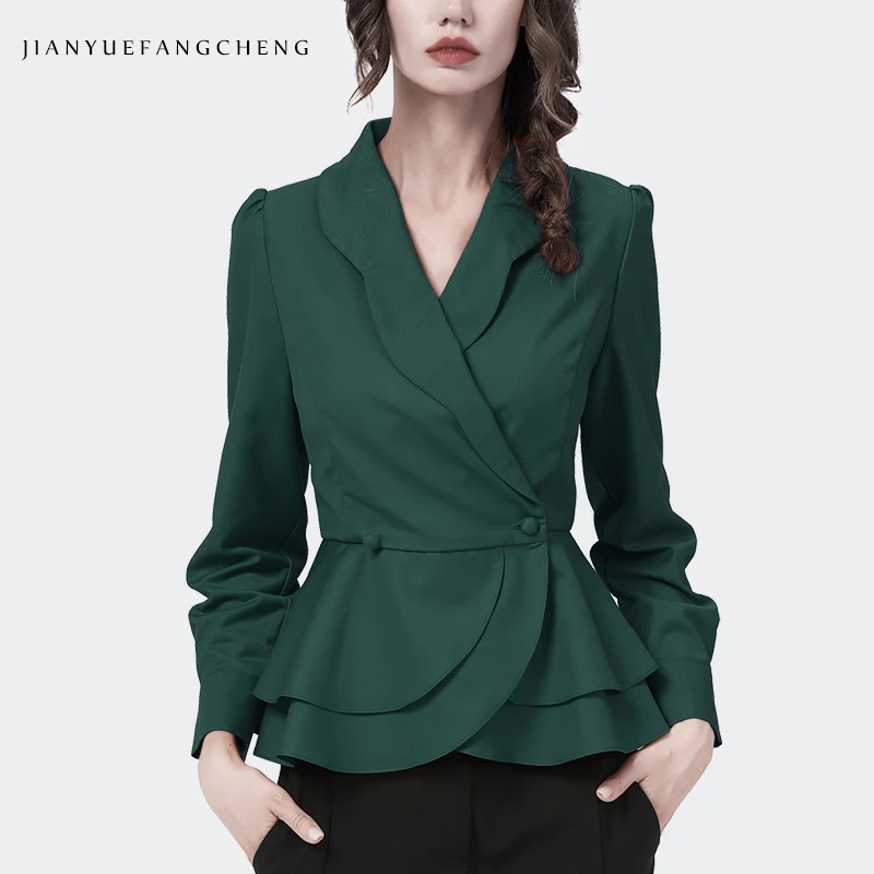 Fashion Womens Long Sleeve Tunic Shirt Solid Color Suit Collar Single Row Two Buttons Cardigan Top 2021 Autumn Elegant Blouses